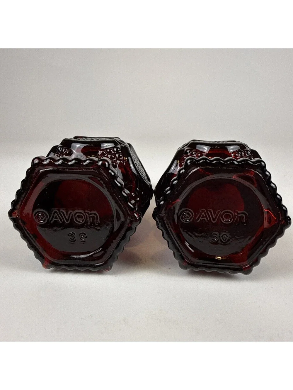 Salt Pepper Shakers Pair Avon Cape Cod  Red Glass 4.5